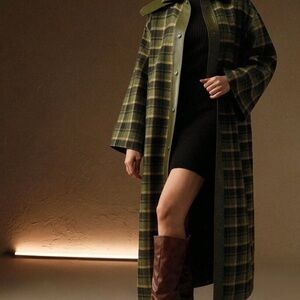 Green Casual Women's Elegant Classic Patchwork High Collar Plaid Tweed Coat